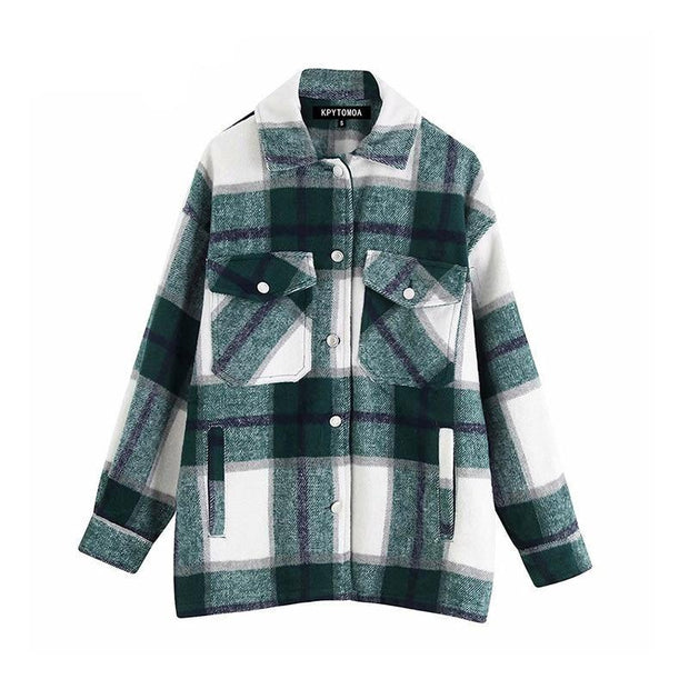 Vintage Stylish Pockets Oversized Plaid Jacket - MakenShop