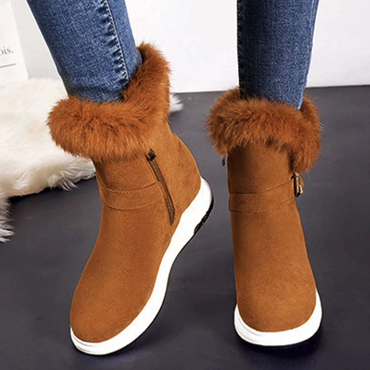 Fashion Buckle Decoration Zipper Warm Fur Lining Casual Short Boots - MakenShop