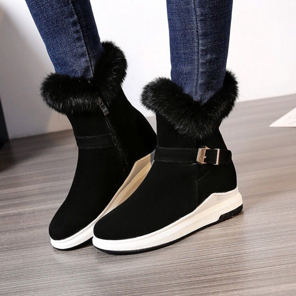 Fashion Buckle Decoration Zipper Warm Fur Lining Casual Short Boots - MakenShop